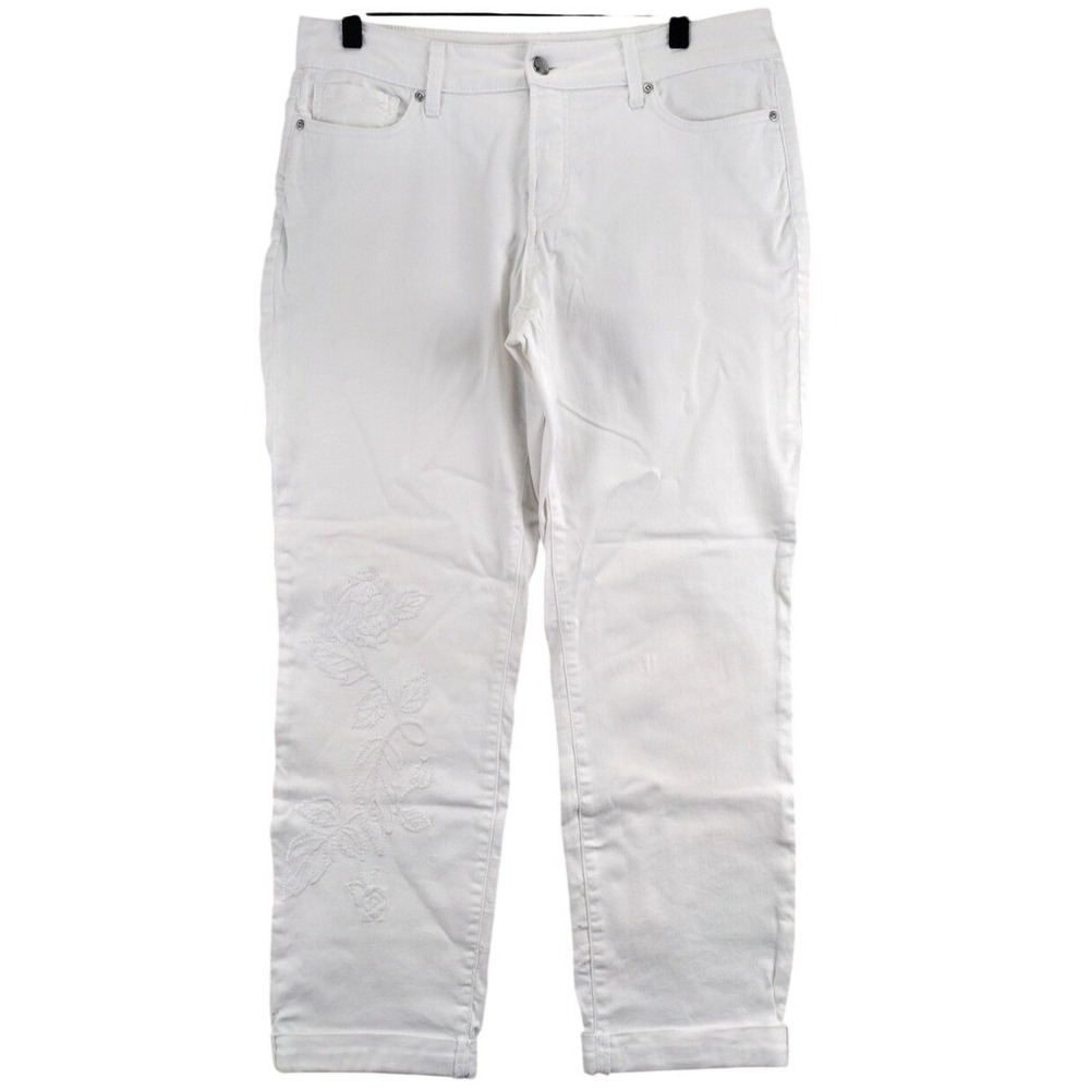 NYDJ Womens White Boyfriend Jeans Embroidered Floral Lift Tuck Technology Size 6